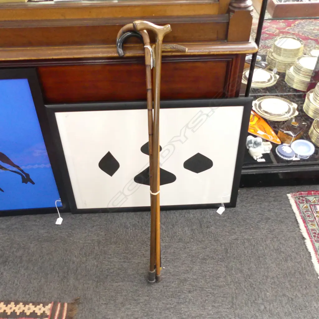 4 OLD WALKING STICKS; 1 WITH DEER ANTLER HANDLE  Image 1++