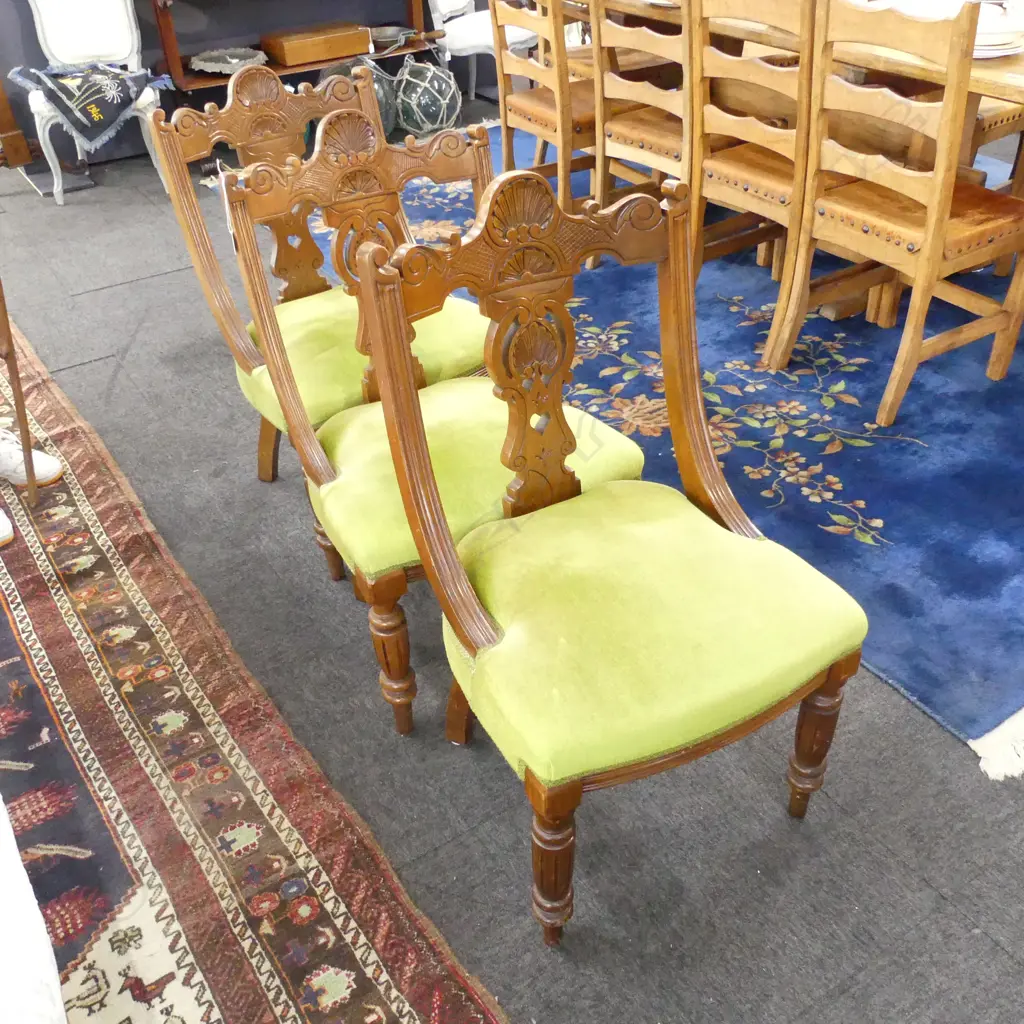 6 EDWARDIAN DINING CHAIRS; GREEN VELVET Image 1++