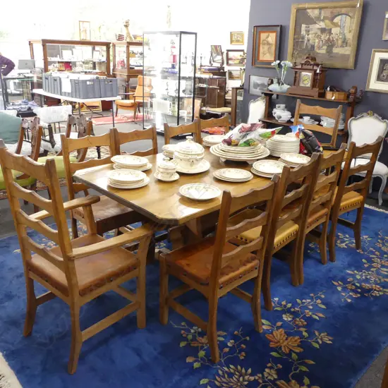 CHAPMAN TAYLOR ADZED RIMU RECFECTORY DINING TABLE w 10 LADDER BACK CHAIRS INCLS 2 CARVERS
