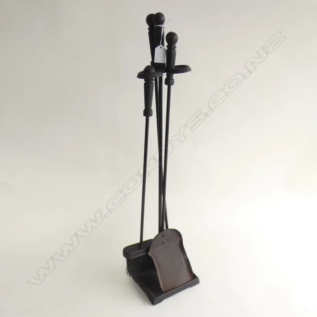 4 PCE CAST IRON FIRE TOOLS; POKER, BRUSH, SHOVEL, STAND. Image 1++
