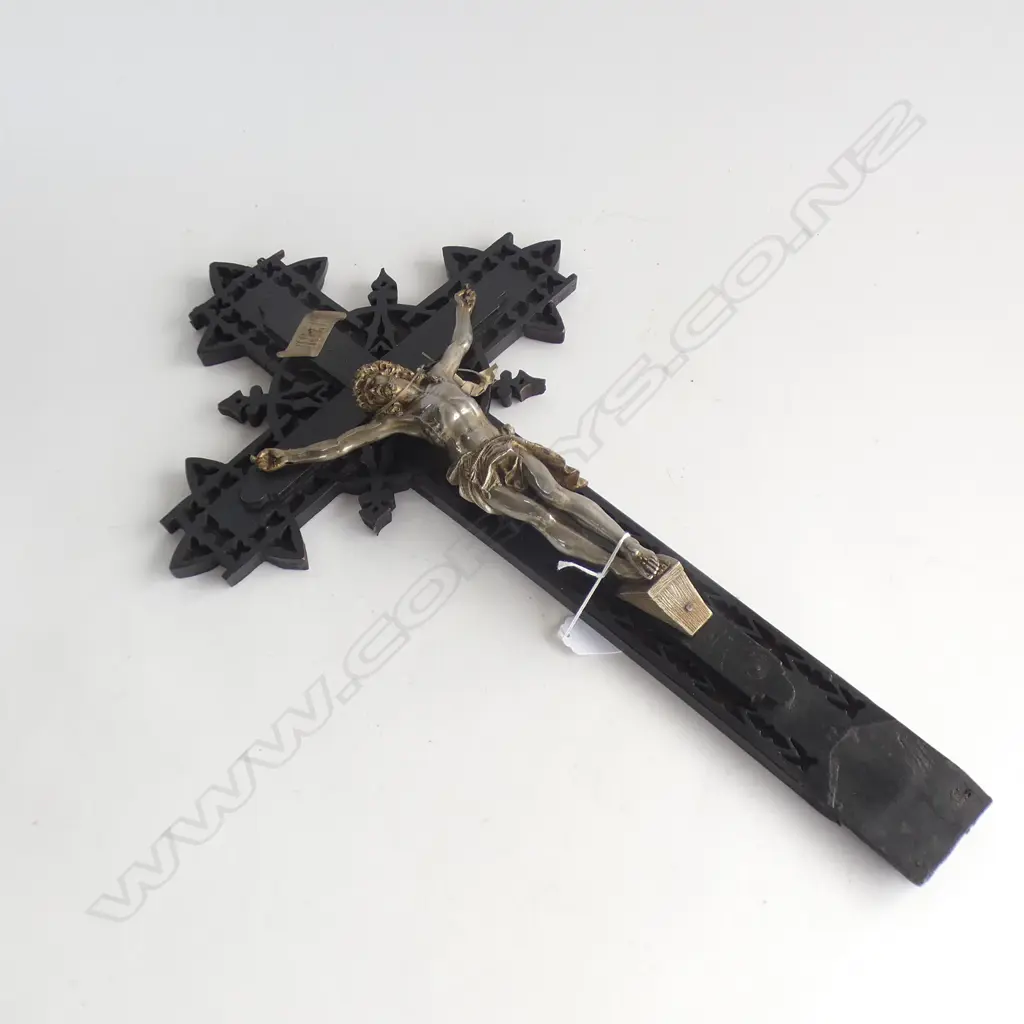 VINTAGE CRUCIFIX; EBONISED WOOD & METAL JESUS H.550mm Image 1++