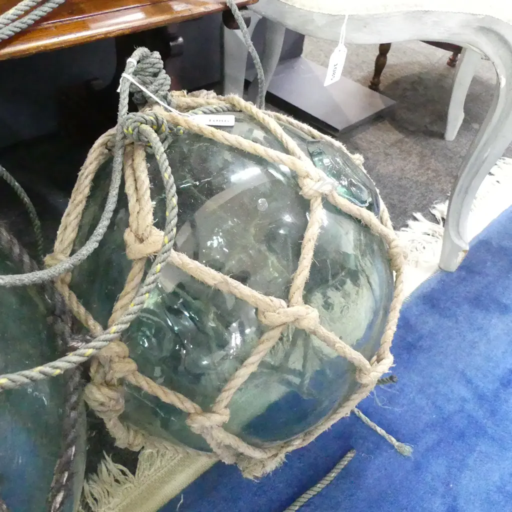 OLD GLASS LARGE FISHING FLOAT WITH NETTING Dia.310mm hand blown Image 1++