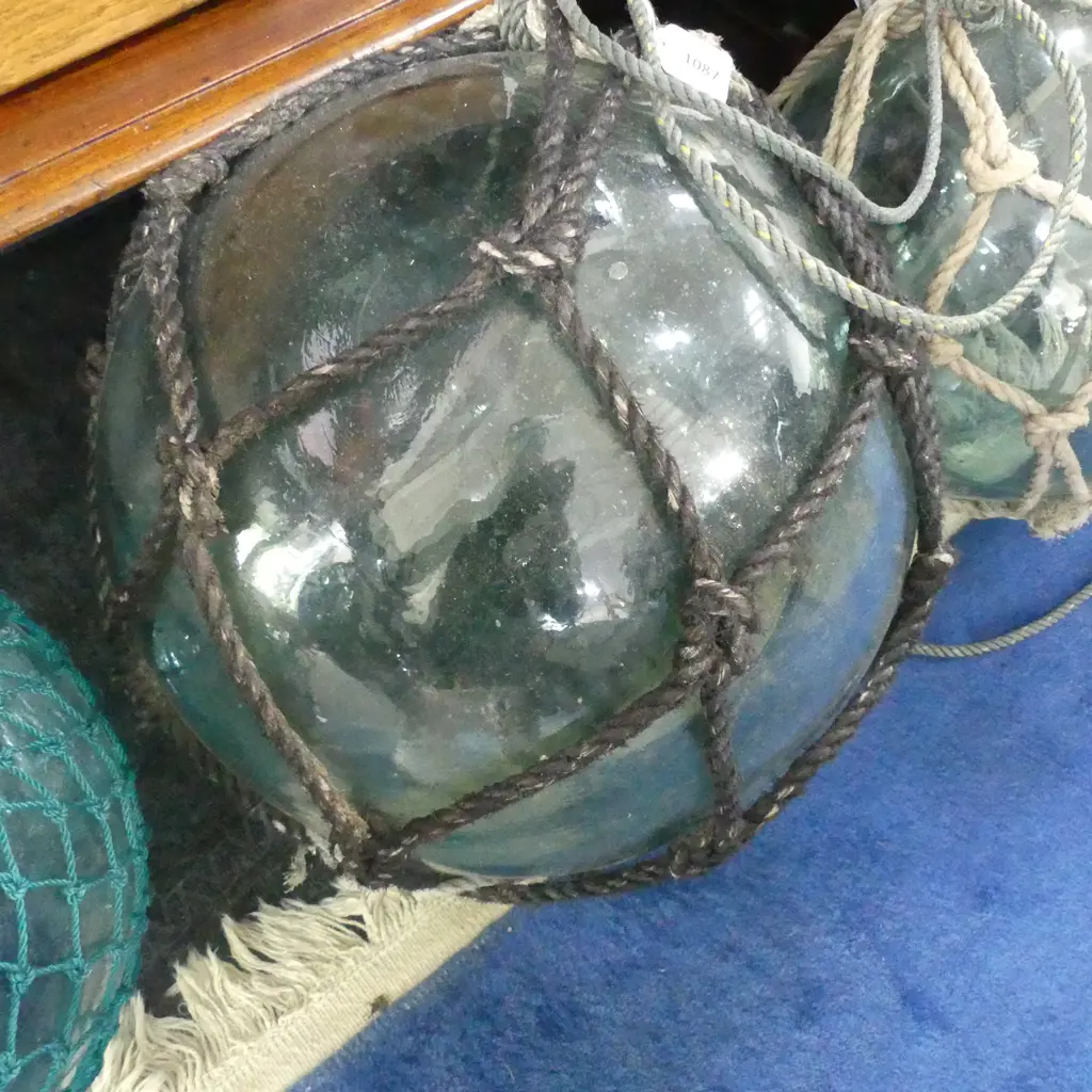 OLD GLASS LARGE FISHING FLOAT WITH NETTING Dia.370mm hand blown Image 1++