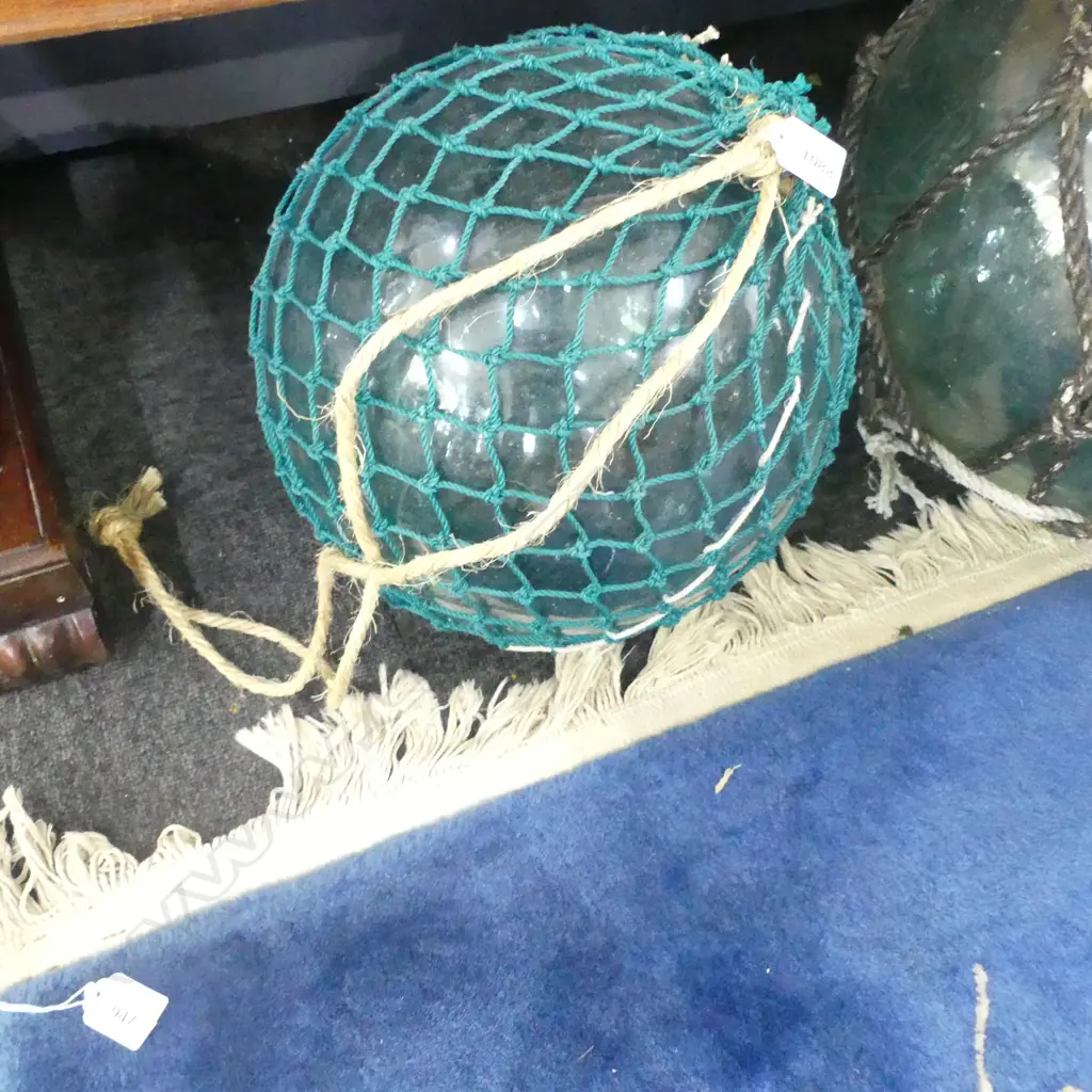 OLD GLASS LARGE FISHING FLOAT WITH GREEN NETTING Dia.310mm hand blown Image 1++