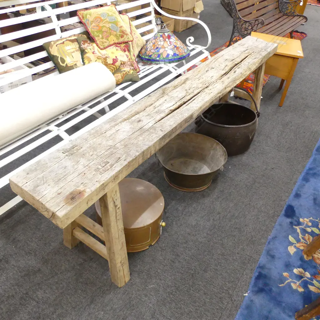 VINTAGE INDIAN WOODEN TRESTLE BENCH SEAT 2100x250x610mm Image 1++