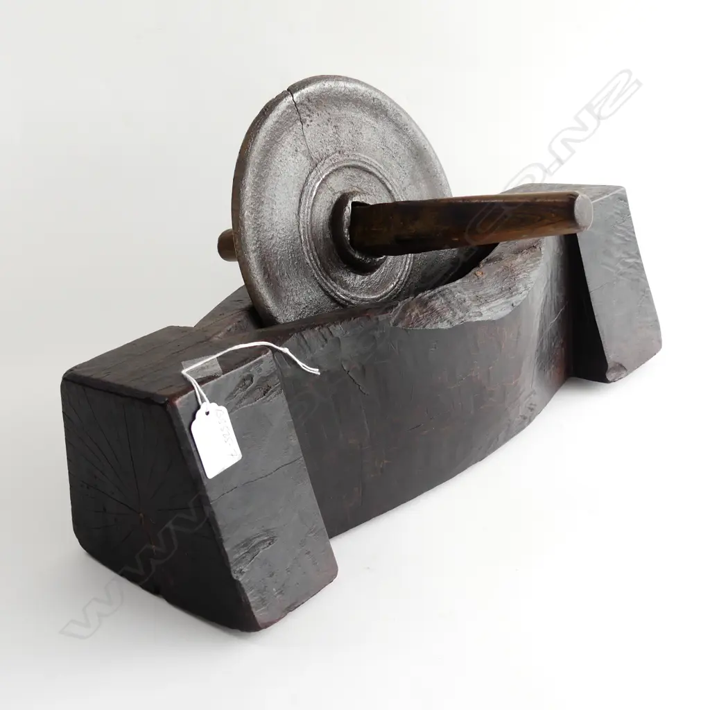 TRADITIONAL 19thC MEDICINE MILL HEARTWOOD & CAST IRON. H267 L464mm Image 1++