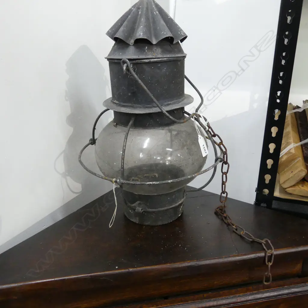 OLD METAL & GLASS HANGING HURRICANE LAMP H (WITHOUT CHAIN & HANDLE) 400MM Image 1++