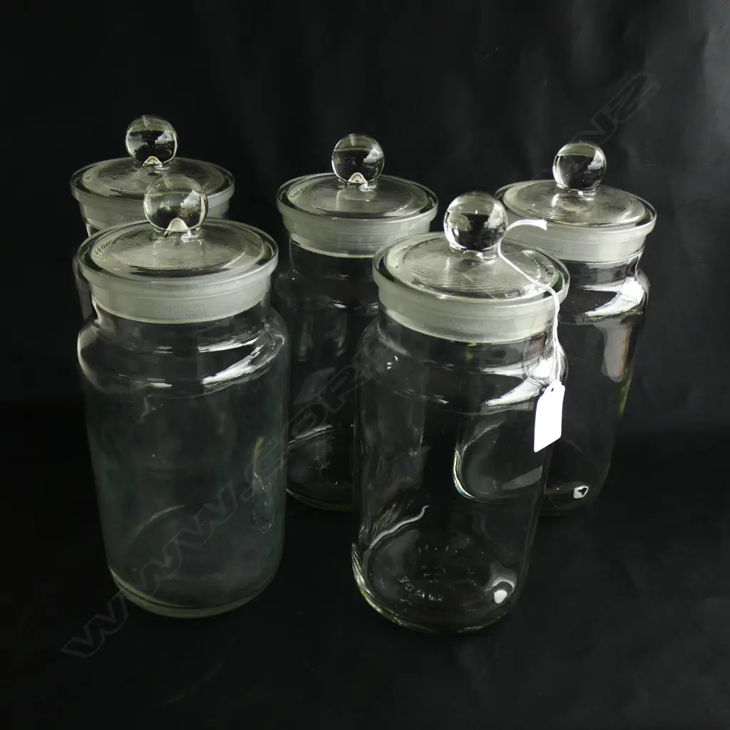 5 VINTAGE GLASS LIDDED CANDY JARS H.250mm Image 1++