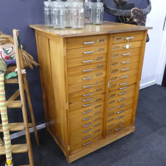 LARGE VINTAGE RIMU SPECIMEN CABINET w. 28 DRAWERS 990x730x1320mm ex Auckland War Memorial Museum