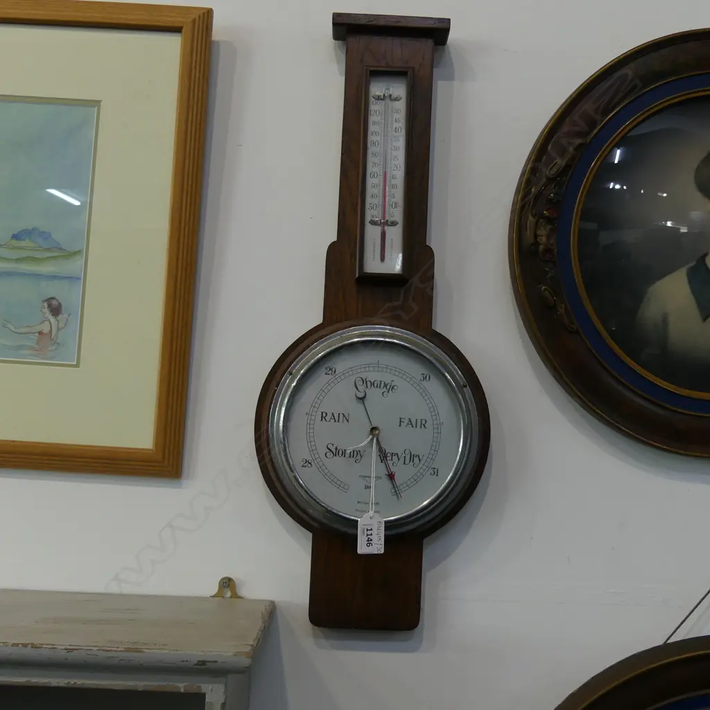 VINTAGE / DECO OAK 'SKULE' WALL BAROMETER H.575mm Image 1++
