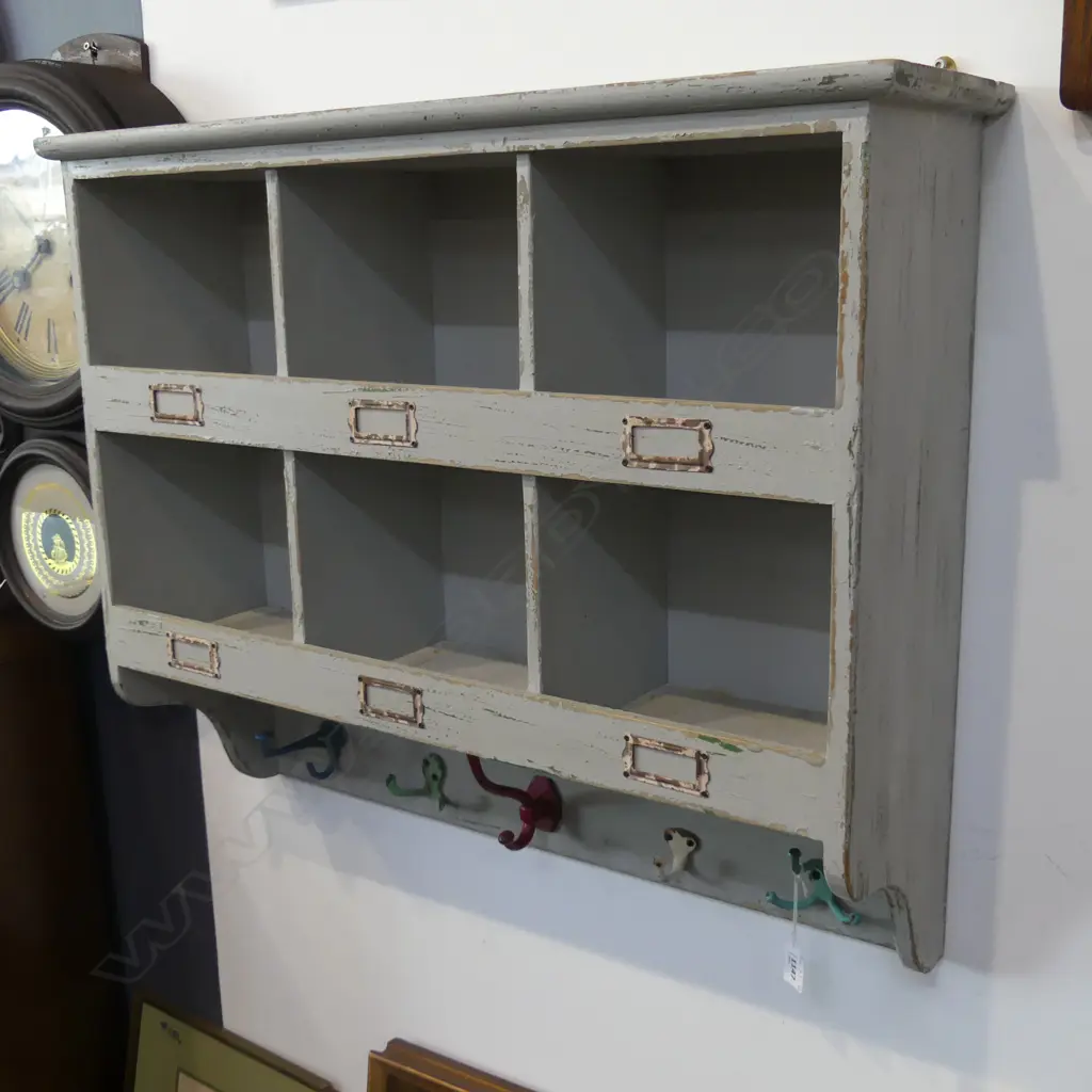 OLD WOODEN KITCHEN WALL RACK WITH 6 COMPARTMENTS & HOOKS  600 X 700MM Image 1++