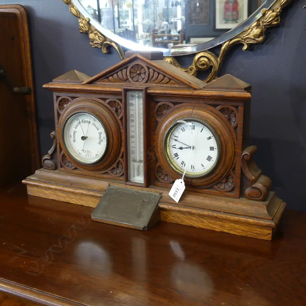 CARVED WOODEN MANTEL THERMOMETER / BAROMETER / CLOCK W.475mm Image 1++