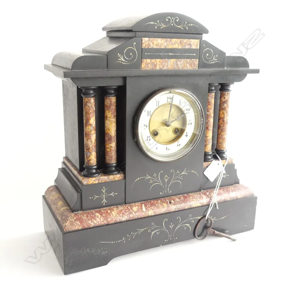 BLACK & COLOURED MARBLE ARCHITECTURAL LGE MANTLE CLOCK w. KEY H.375mm Image 1++