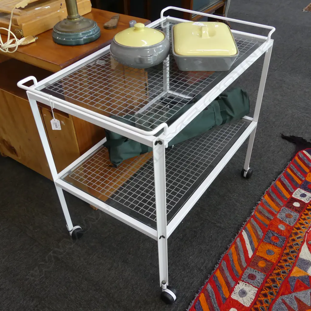 VINTAGE 1980s MICHAEL GLOCK NZ TEA TROLLEY; WHITE METAL & GRIDDED GLASS Image 1++
