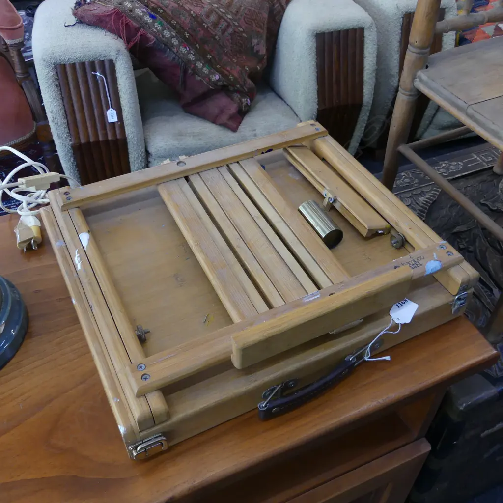 PORTABLE ARTIST EASEL WITH SLIDING PAINT STORAGE - INCLUDES CONTENTS PAINTS ETC.. Image 1++