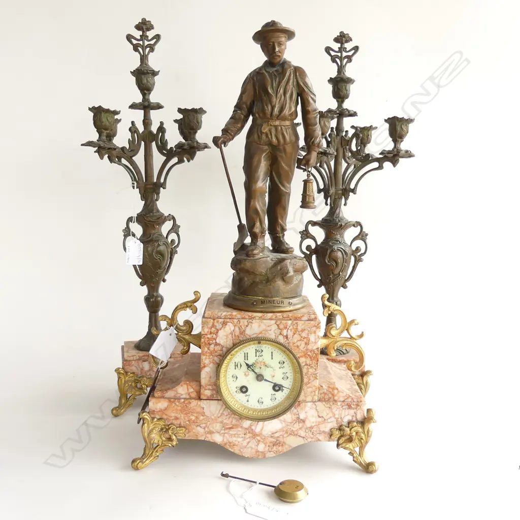 CLOCK w. SPELTER MINER FIGURE H.510mm w. KEY & PENDULUM + PR GARNITURES H.540mm. Image 1++
