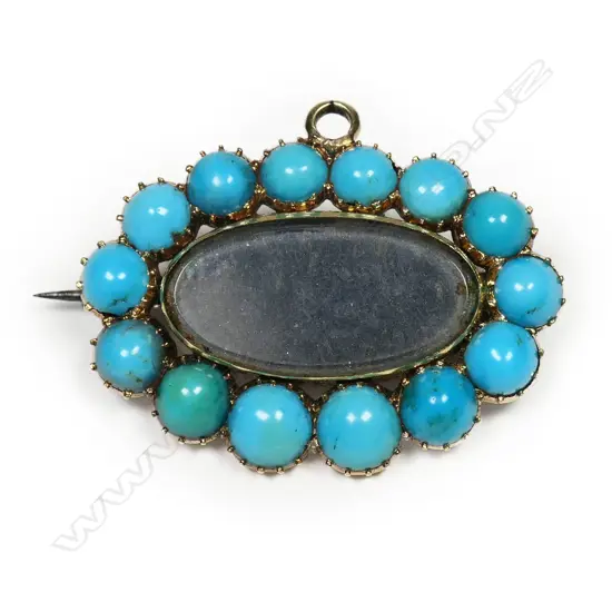 A 19thC 9ct gold and turquoise memorial brooch,