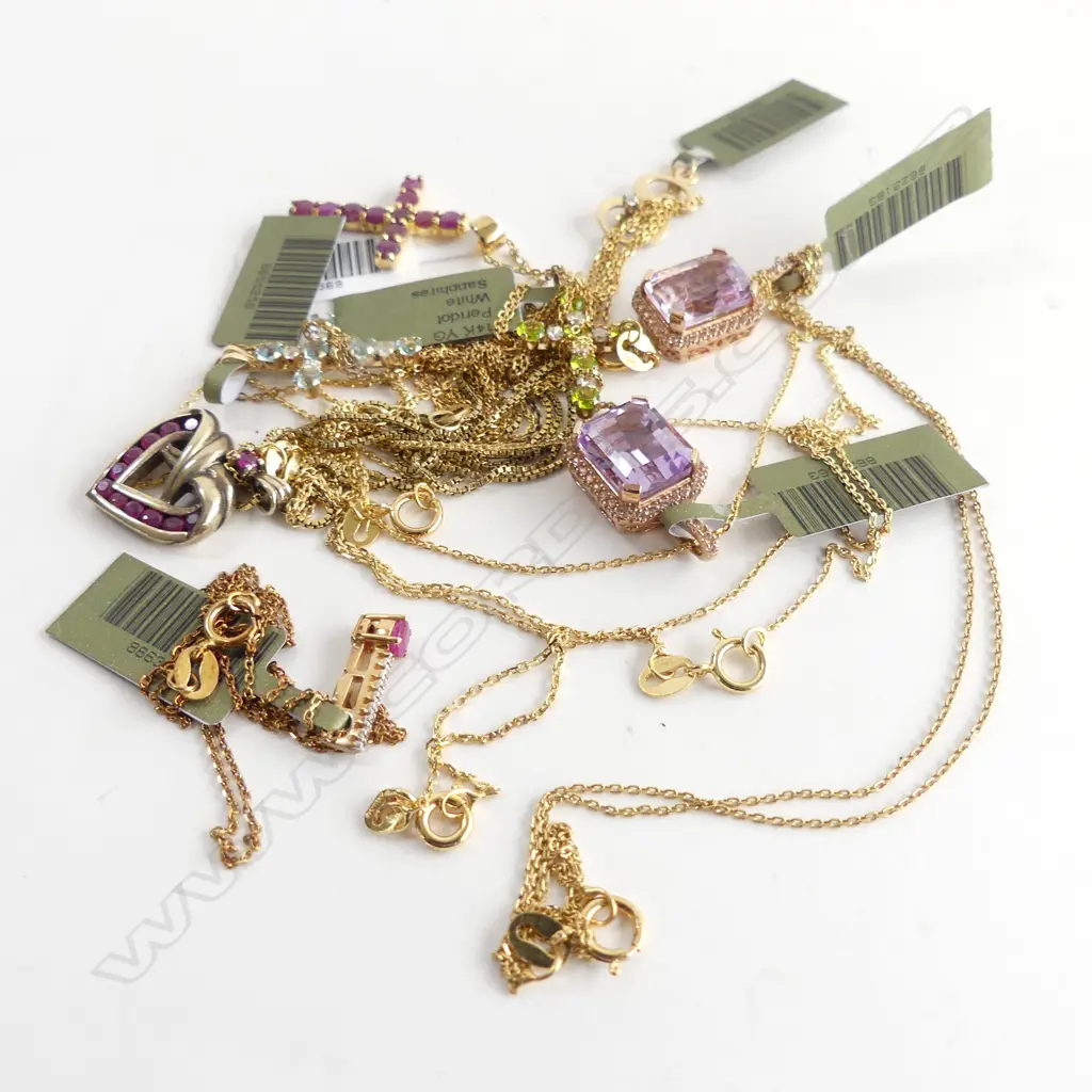 8 SILVER GILT NECKLACES w. 10CT GEMSTONE PENDANTS. Total 20 GRAMS Image 1++