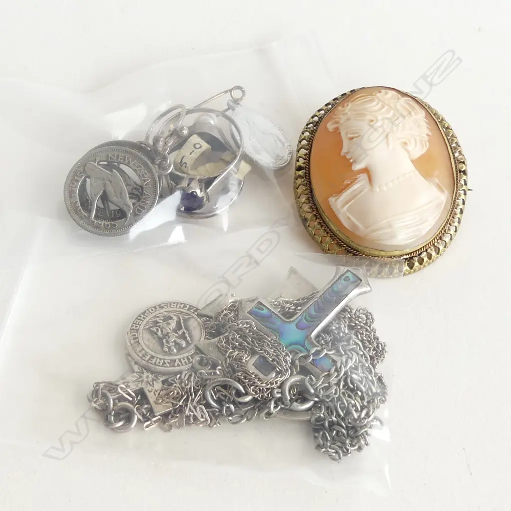ASST SILVER & OTHER JEWELLERY. CROSS PENDANTS. 6d COIN E/RINGS ETC Image 1++