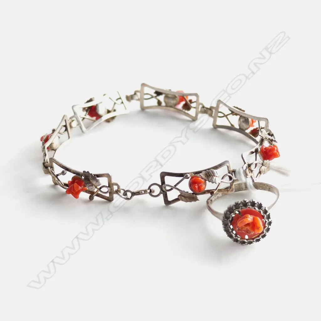 SILVER & CORAL BRACELET & RING Image 1++