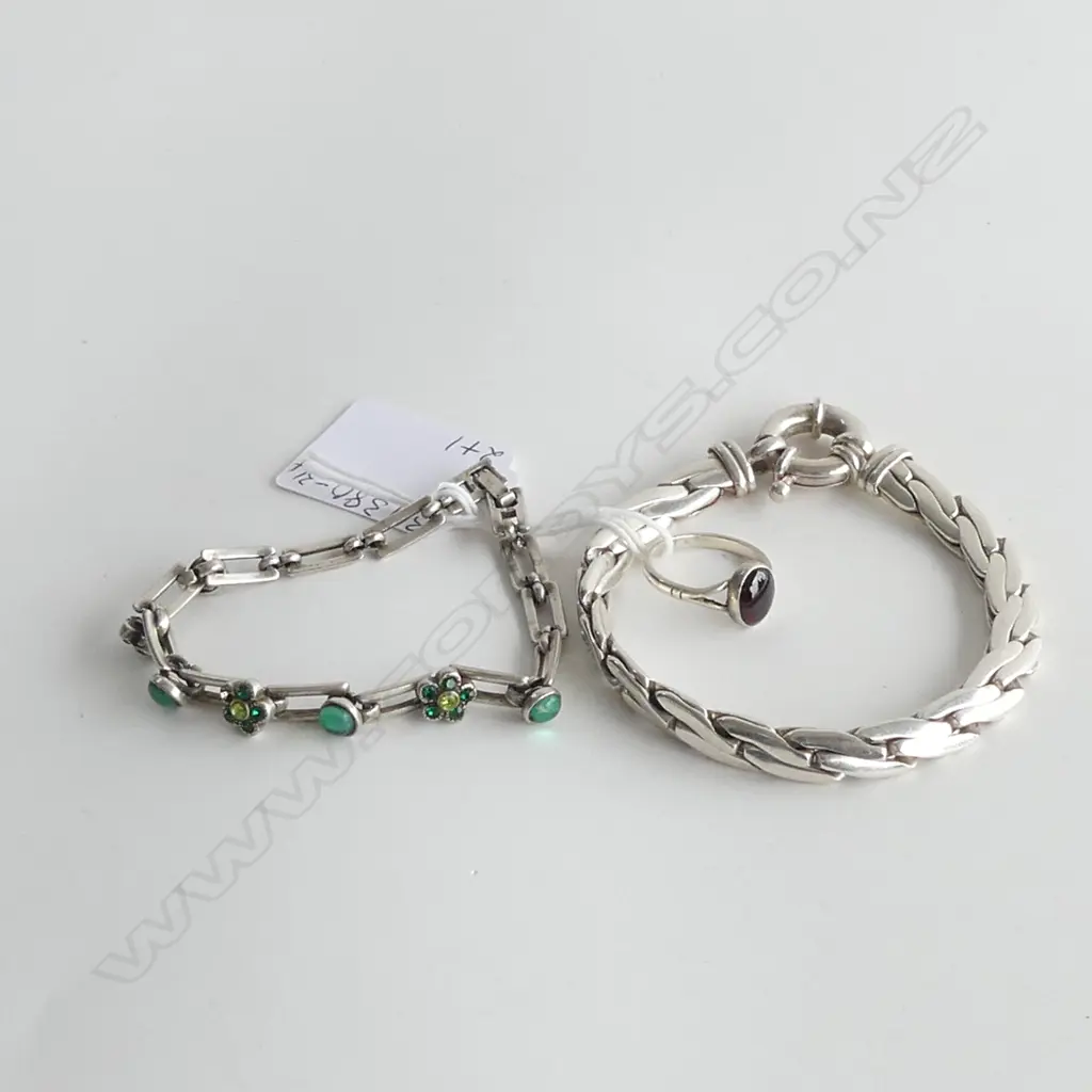 2 SILVER BRACELETS & STG SILVER RING WITH STONE  Image 1++