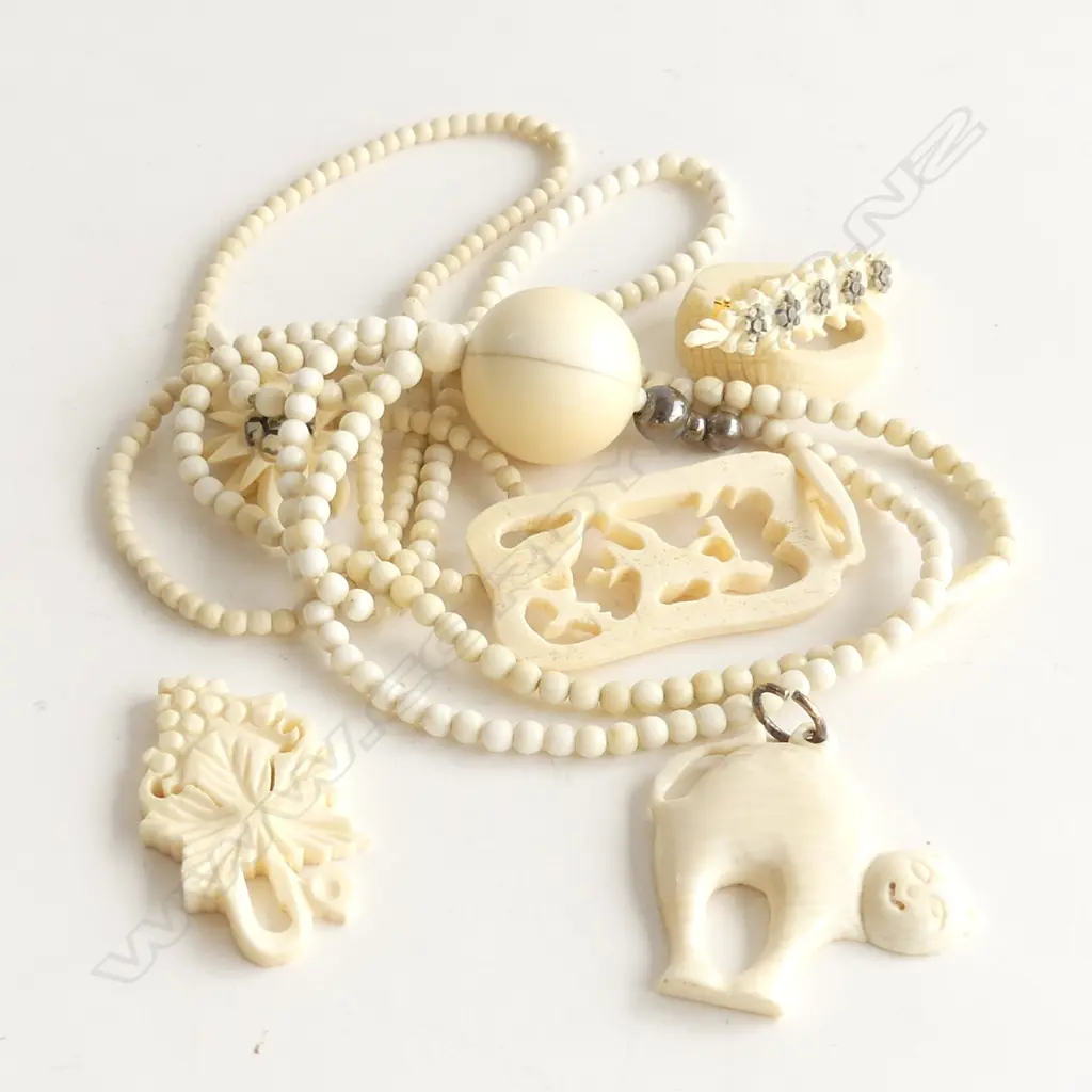 CARVED BONE PENDANTS, NECKLACES, RING & BROOCH Image 1++