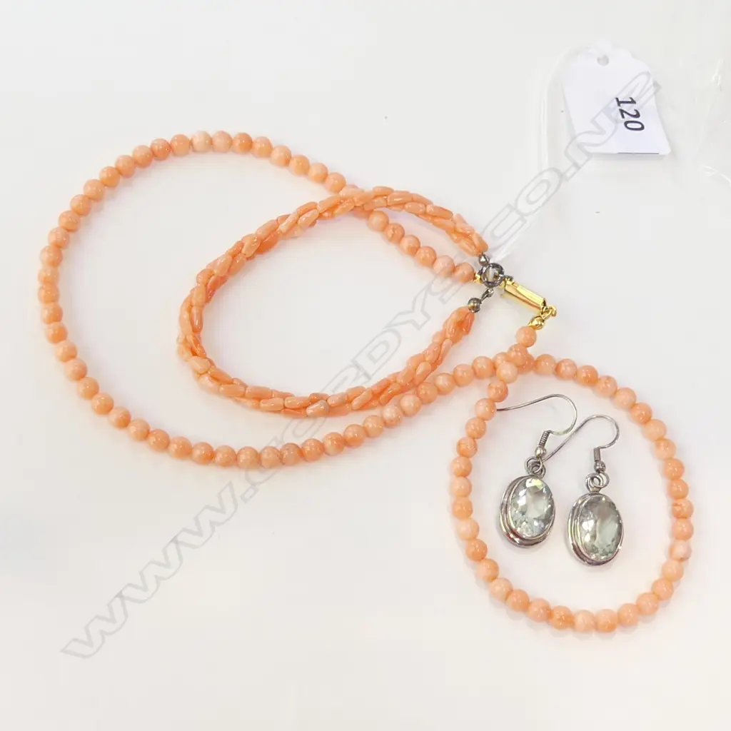 PR STG & GREEN AMETHYST EARRINGS + PINK CORAL NECKLACE Image 1++