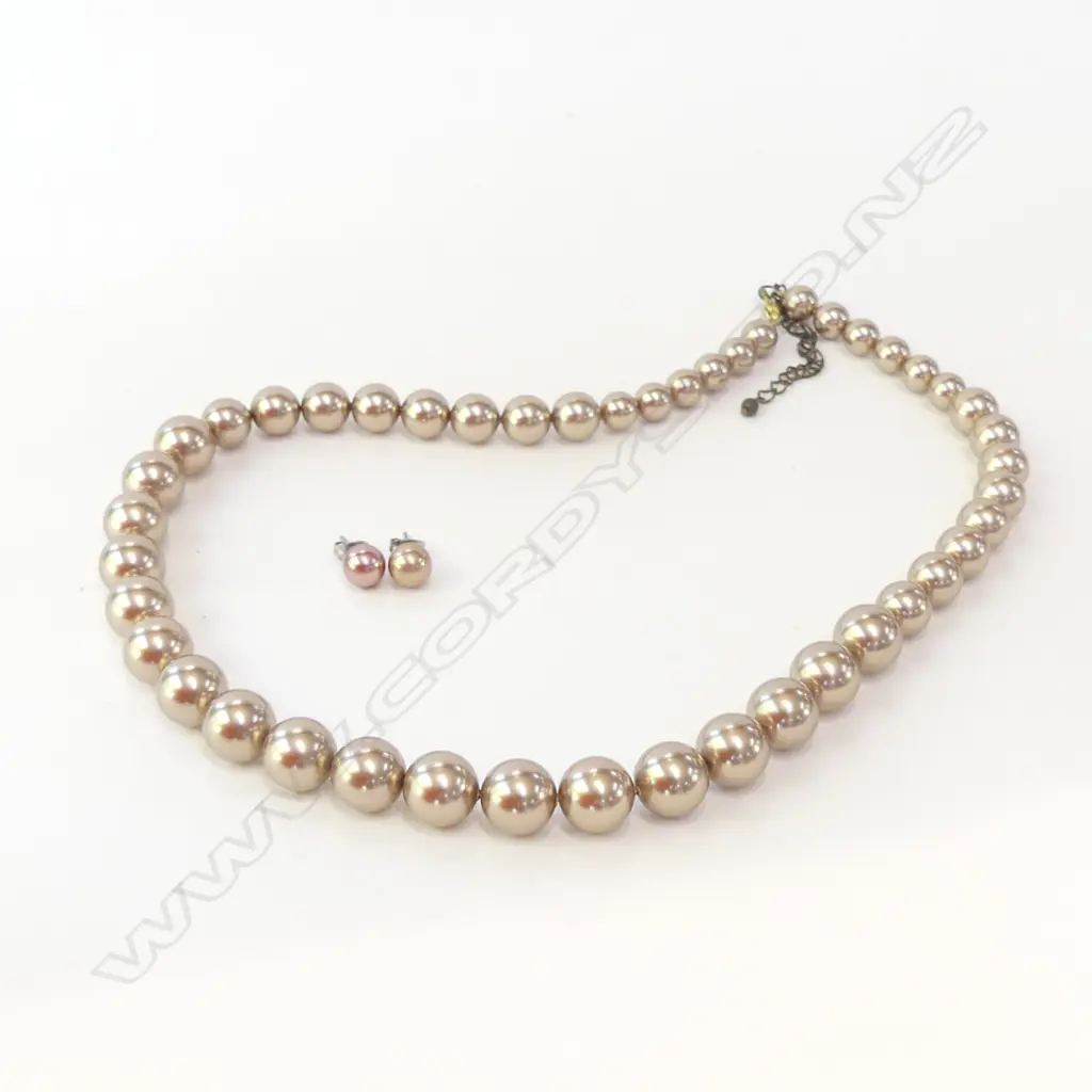 SET BRONZE COLOUR FAUX PEARL BEAD NECKLACE (240MM) & STUD EARRINGS Image 1++