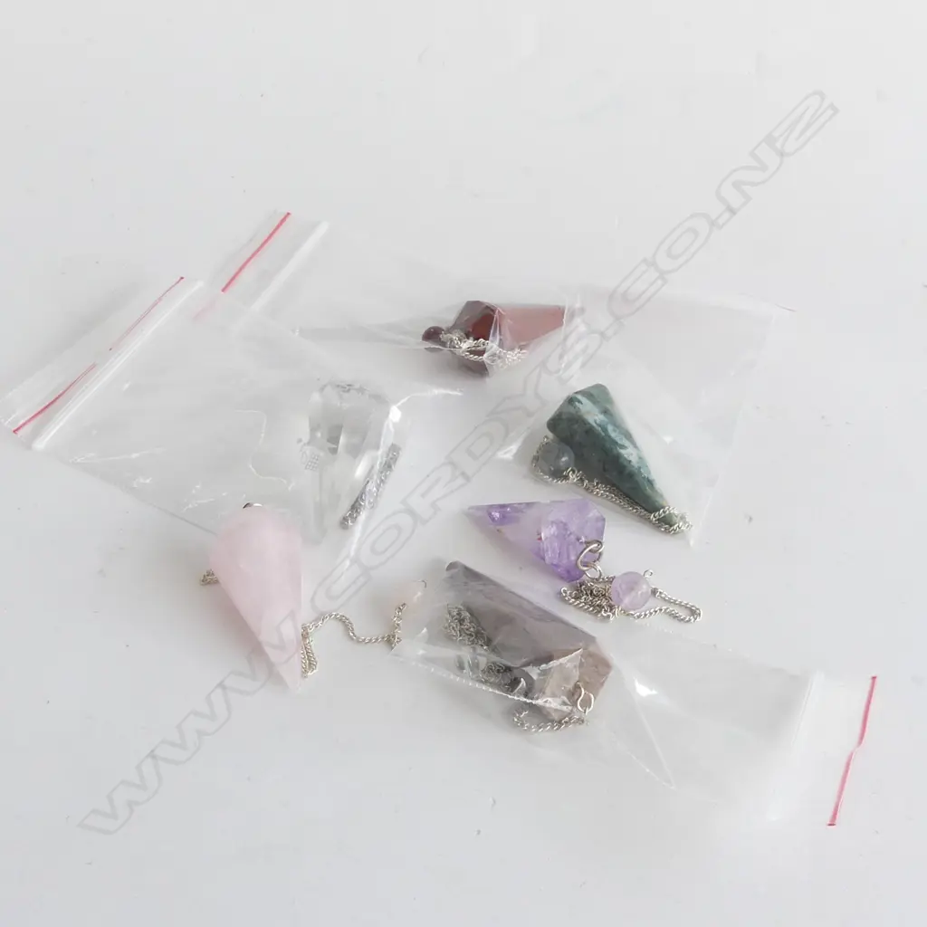 6 STONE CHAKRA PRISM REALIGNMENT SPHERES ON CHAINS - ROSE QUARTZ, AMETHYST ETC.. Image 1++
