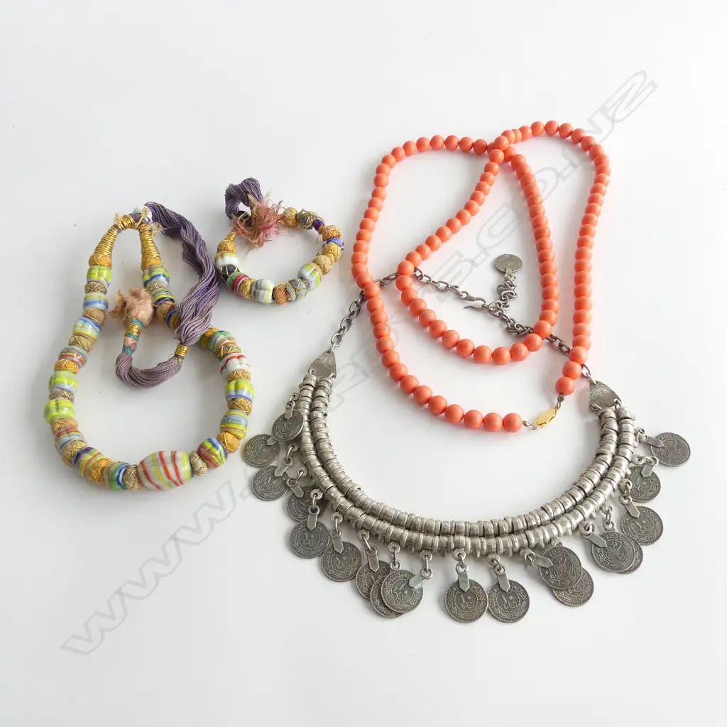 BAG ASST ETHNIC BEADED & COIN JEWELLERY; 3 NECKLACES & 1 BRACELET Image 1++