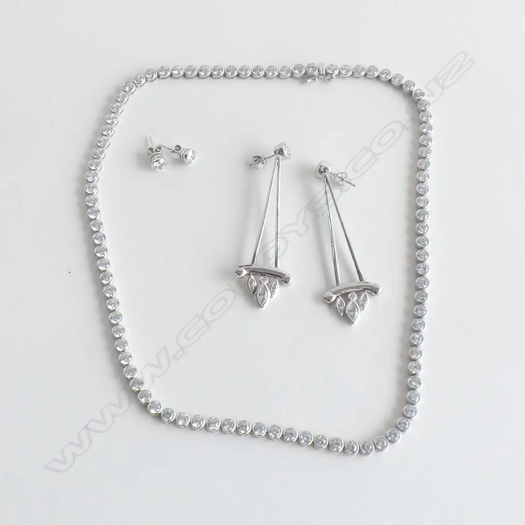 CZ NECKLACE + 2 PR EARRINGS; 1 PR DROP & 1 PR STUD Image 1++