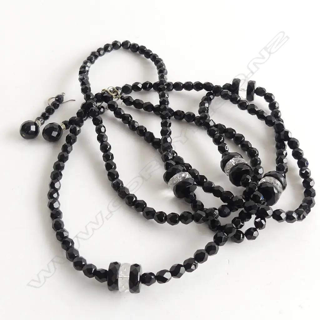 2 PC SET; BLACK & CRYSTAL FACETED BEAD NECKLACE (720MM) & BLACK & ZIRCON FACETED BEAD DROP EARRINGS MOUNTED ON 925 SILV Image 1++