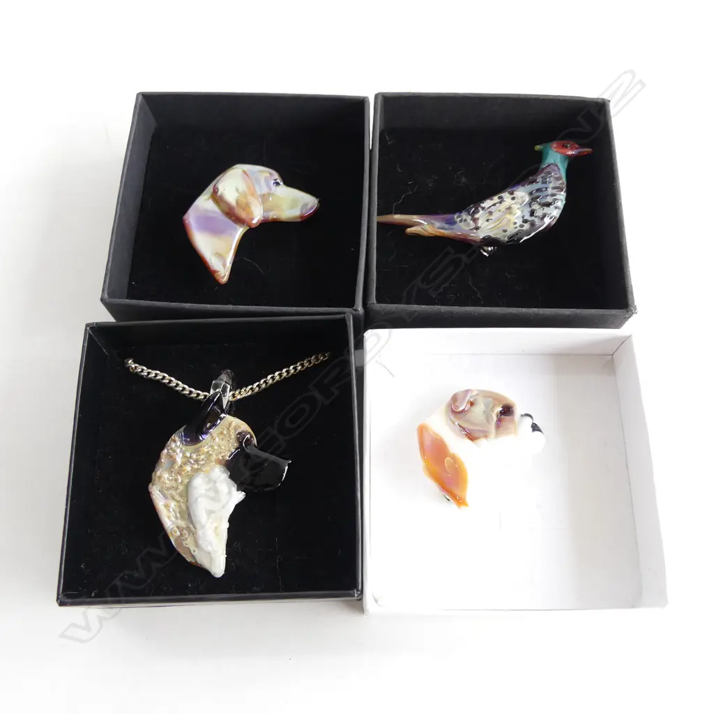NEIL HARRIS DECORATIVE GLASS JEWELLERY; 1 PENDANT W CHAIN & 3 BROOCHES - EACH IN INDIVIDUAL BOX... Image 1++