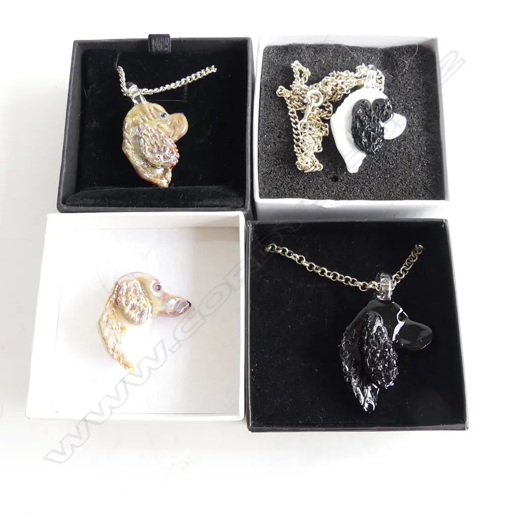 NEIL HARRIS DECORATIVE GLASS JEWELLERY; 3 PENDANTS W CHAINS & ONE BROOCH EACH IN INDIVIDUAL BOX Image 1++