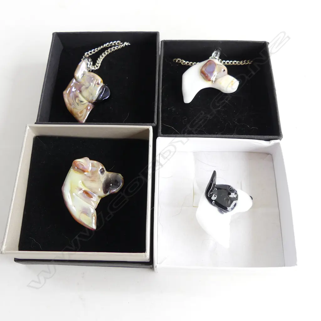 NEIL HARRIS DECORATIVE GLASS JEWELLERY; 2 PENDANTS W CHAINS & 2 BROOCHES - EACH IN INDIVIDUAL BOX... Image 1++
