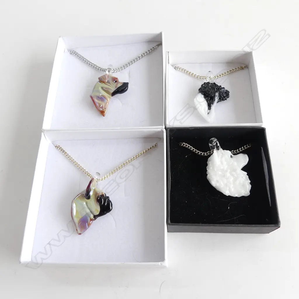 NEIL HARRIS DECORATIVE GLASS JEWELLERY; 4 PENDANTS WITH CHAINS  - IN INDIVIDUAL BOXES... Image 1++