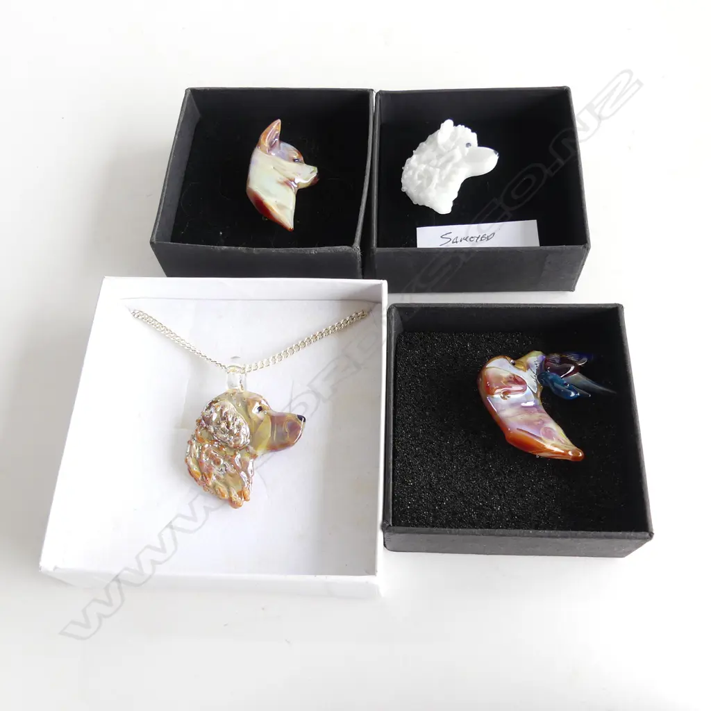 NEIL HARRIS DECORATIVE GLASS JEWELLERY; 1 PENDANT W CHAIN & 3 BROOCHES - EACH IN INDIVIDUAL BOX... Image 1++