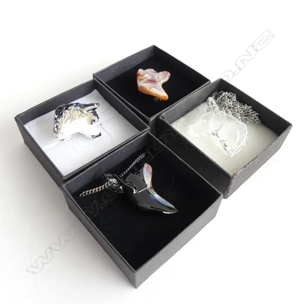 NEIL HARRIS DECORATIVE GLASS JEWELLERY; 2 PENDANTS W CHAINS & 2 BROOCHES - EACH IN INDIVIDUAL BOX... Image 1++