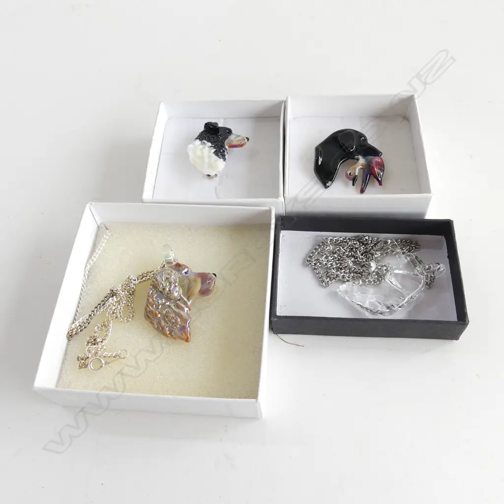 NEIL HARRIS DECORATIVE GLASS JEWELLERY; 2 PENDANTS W CHAINS & 2 BROOCHES - EACH IN INDIVIDUAL BOX... Image 1++