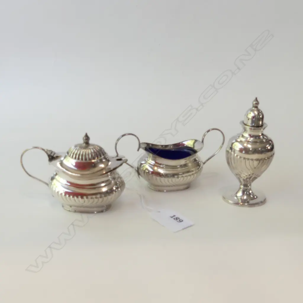 SILVER PLATE 3 PC CRUET ; BLUE GLASS LINED MUSTARD POT (+SPOON) & SALT DISH + PEPPER SHAKER Image 1++