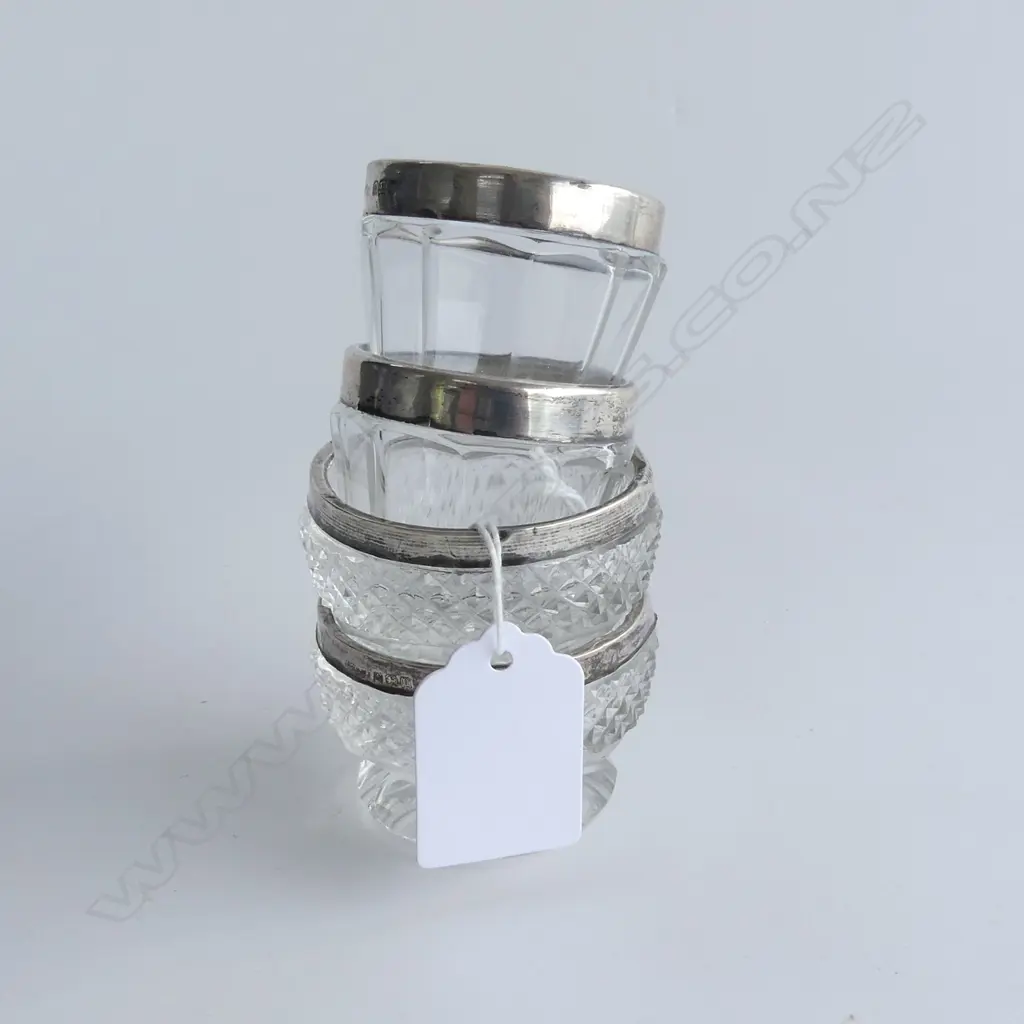 2 PRS STG RIMMED CRYSTAL SALTS  2SILVER BANDS LOOSE Image 1++