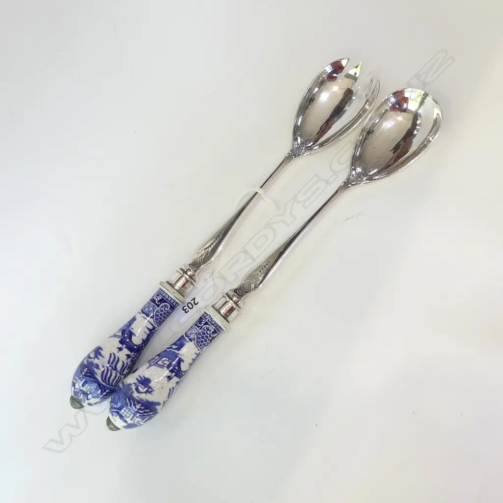 ANTIQUE SILVER PLATE & BLUE WILLOW SALAD SERVERS L 310MM Image 1++