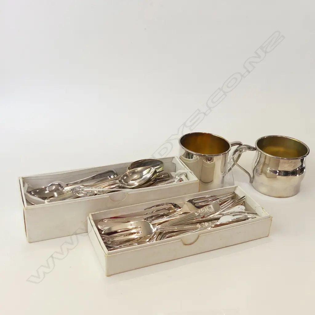 2 SM BOXES ASST SM CUTLERY INCL COMMUNITY PLATE CAKE FORKS + 2 CHRISTENING MUGS Image 1++