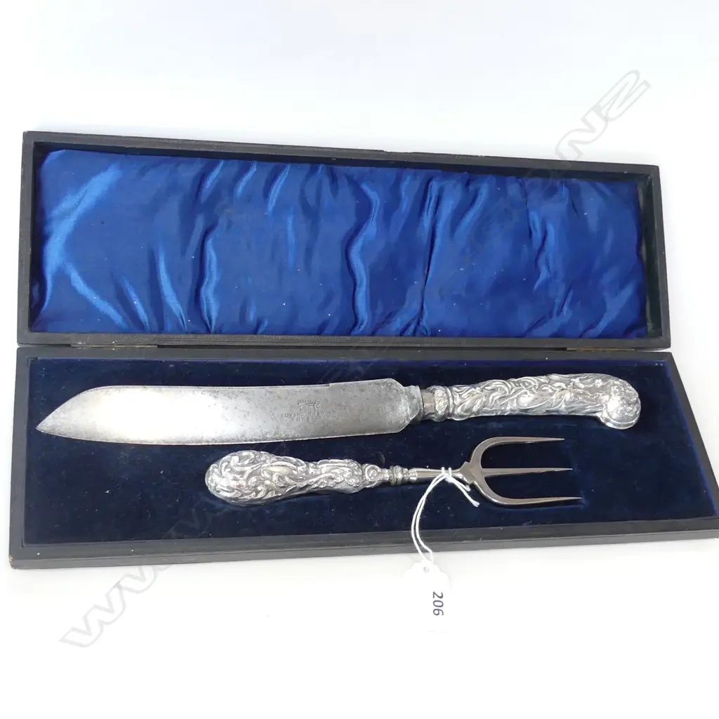 STG SILVER KNIFE & FORK SERVING SET WITH ORNATE HANDLES IN CASE - B'HAM 1905 L 370MM Image 1++