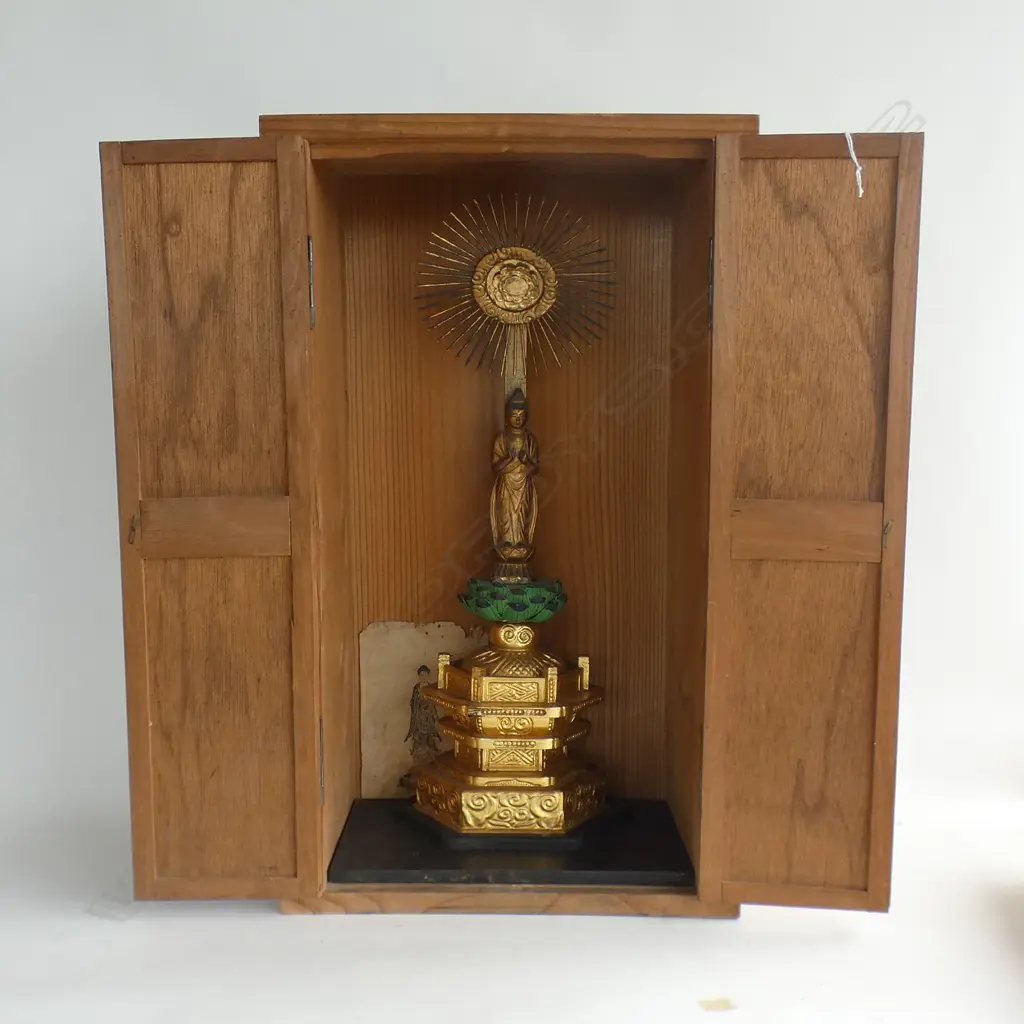 EARLY 20THC JAPANESE HOUSE SHRINE. WOOD CABINET enclosing gilded buddha H.535mmmm Image 1++