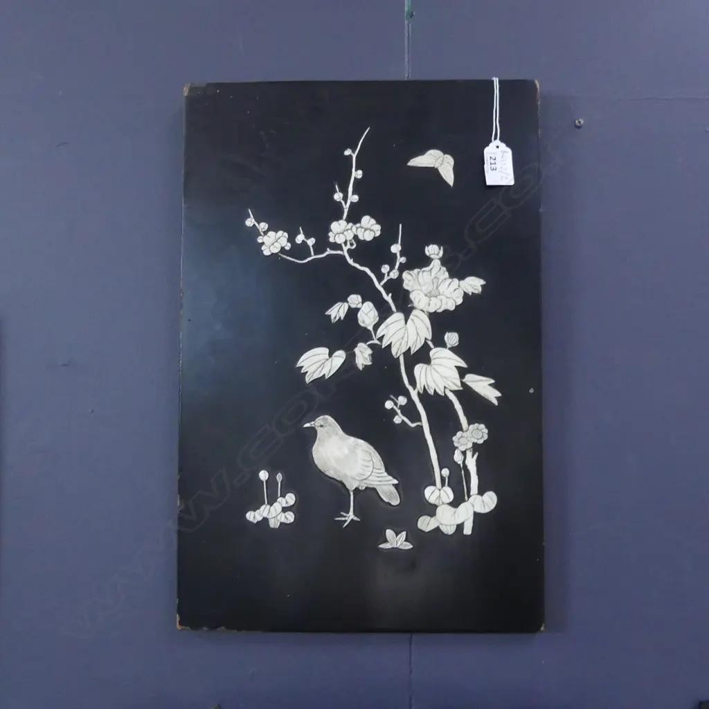 ORIENTAL PANEL WITH BONE  INLAY BIRD AND BLOSSOMS 450 X 300 MM Image 1++