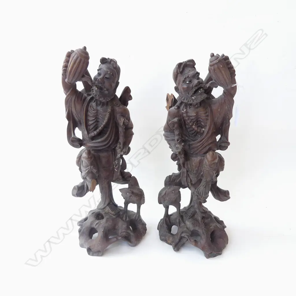 PR ORIENTAL CARVED WOODEN OLD MAN FIGURE WITH ROOSTER A/F H 350MM Image 1++