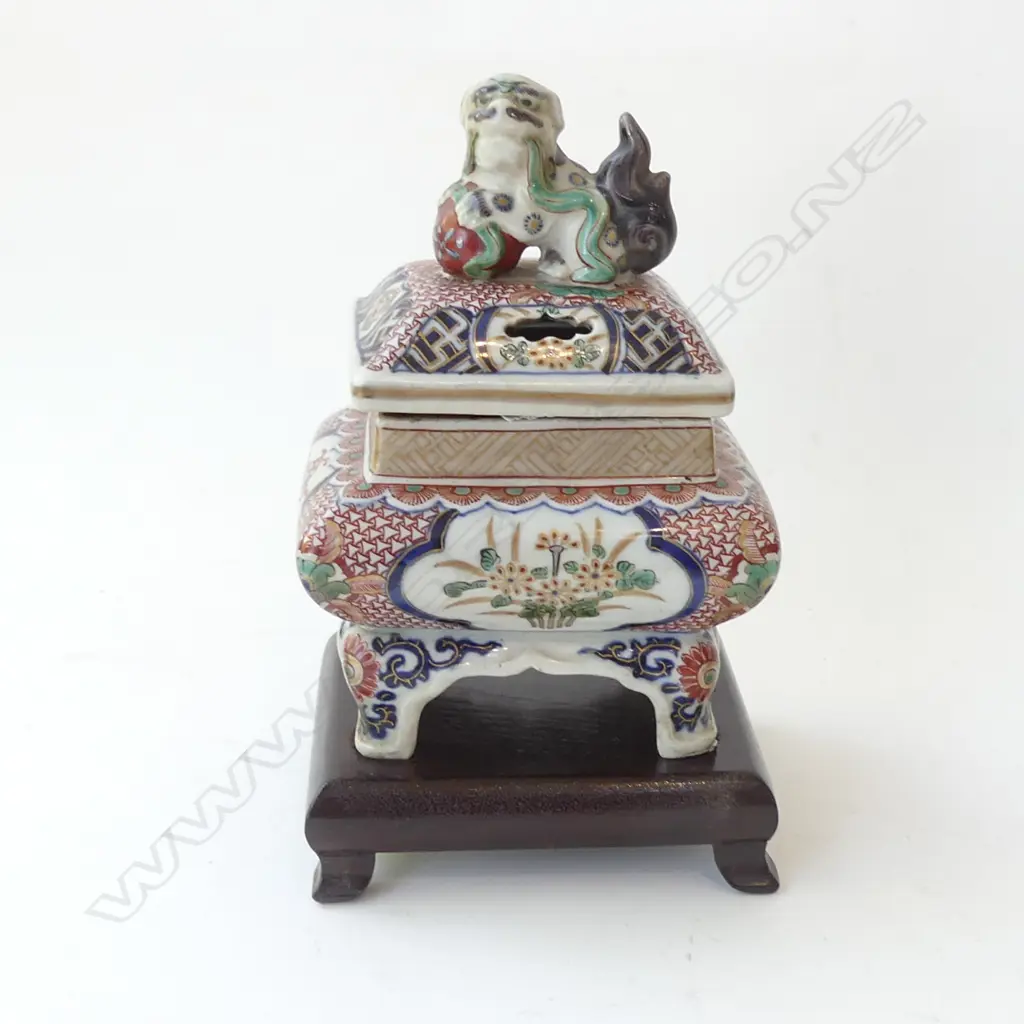 ORIENTAL INCENSE BURNER WITH DRAGON TOP LID - ON WOODEN STAND H 205MM Image 1++
