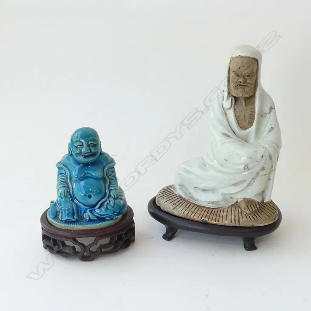 TURQUOISE GLAZE BUDDHA FIGURE ON WOODEN STAND (H 115MM) + 1 OTHER (H 175MM) Image 1++