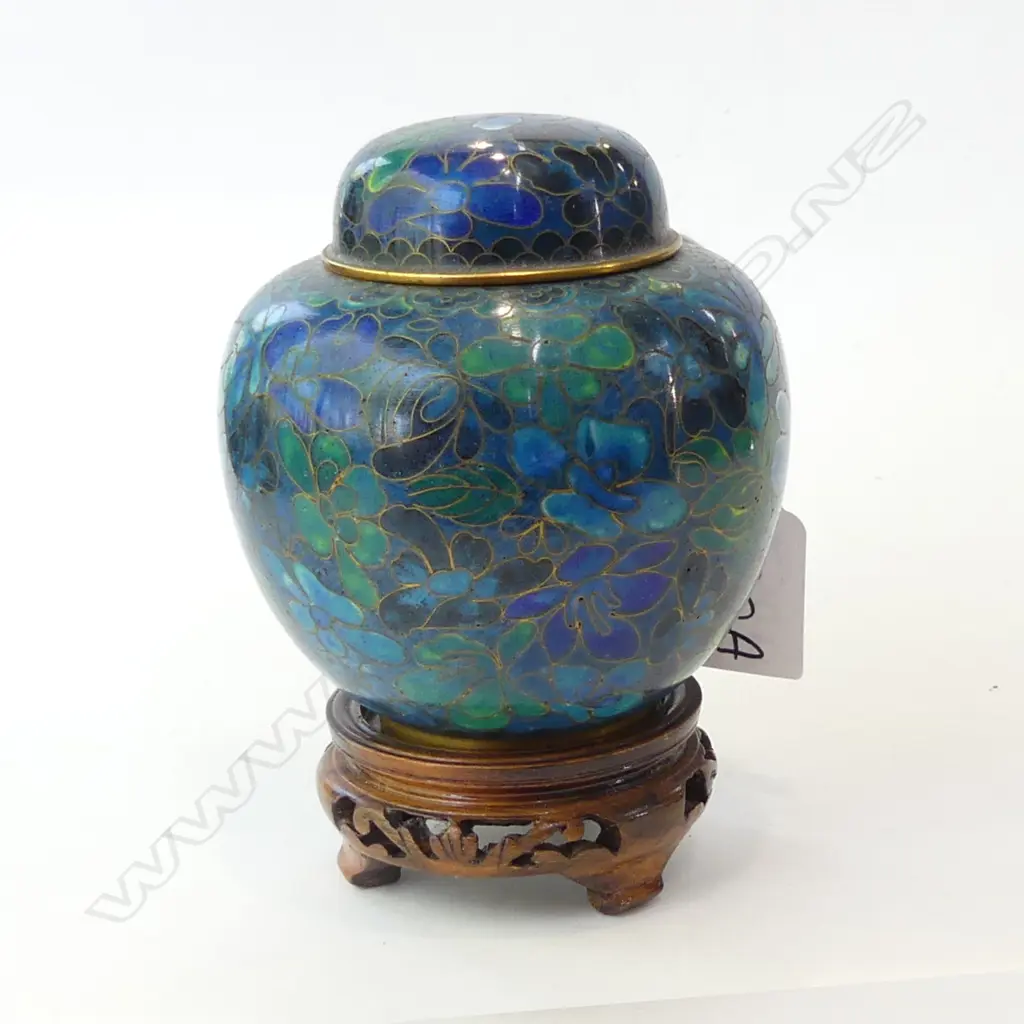 BLUE CLOISONNE LIDDED GINGER JAR ON STAND H.130mm Image 1++